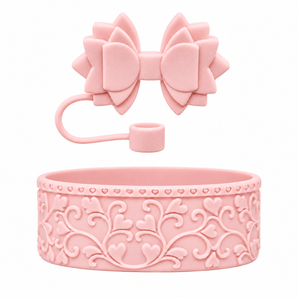 Heart Scroll Shorty Bottle Boot & Gracie Straw Topper (Petal Pink)