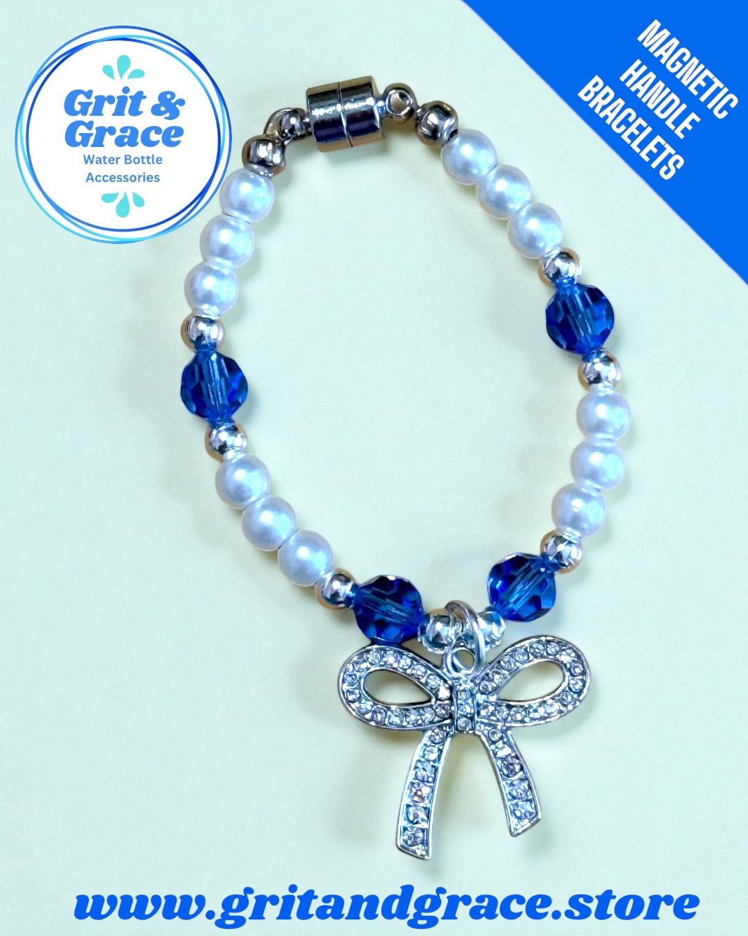 Blue Czech Glass & Pearl Magnetic Handle Bracelet