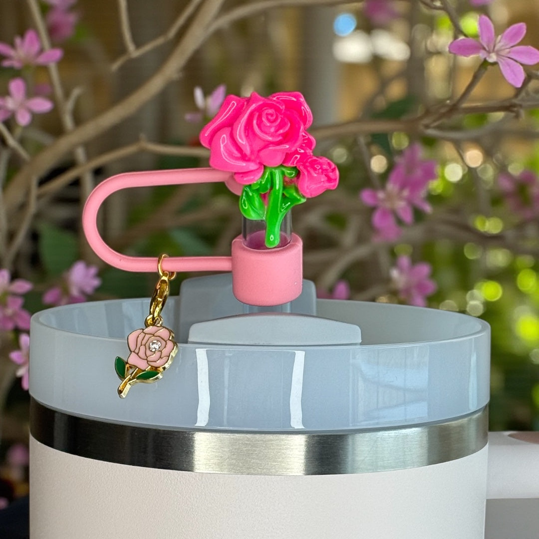Pink Flower Charm Straw Topper