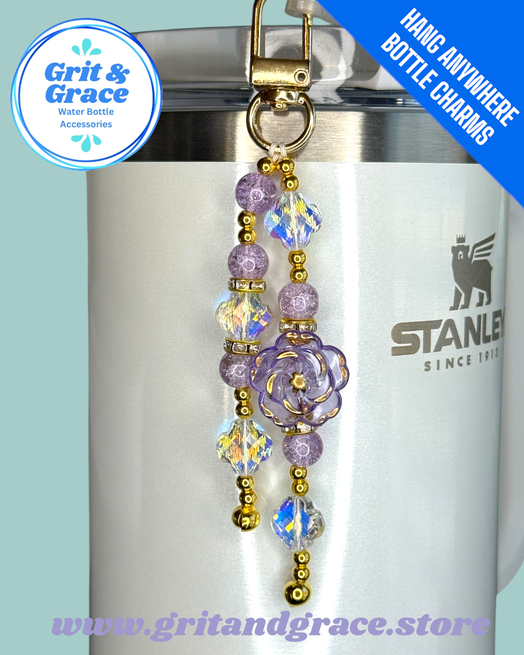 Hang Anywhere Purple Flower Beaded Bottle Charm