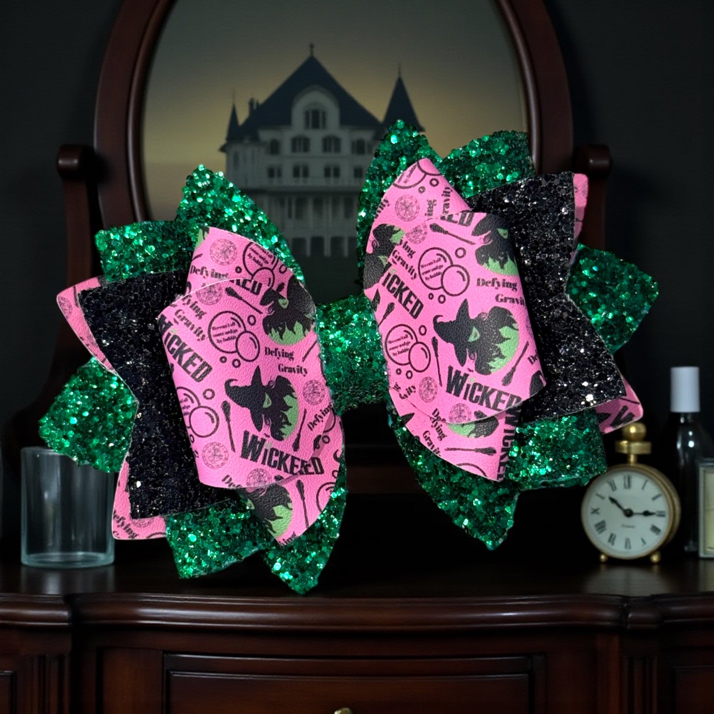 Wicked Green Glitter & Pink Print Bow