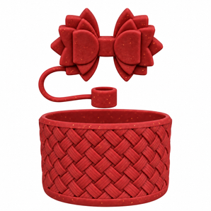 Basketweave Bottle Boot & Gracie Straw Topper (Maroon Glitter)