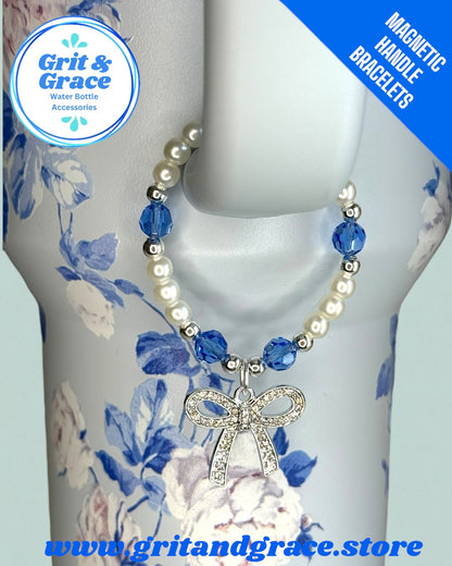 Blue Czech Glass & Pearl Magnetic Handle Bracelet