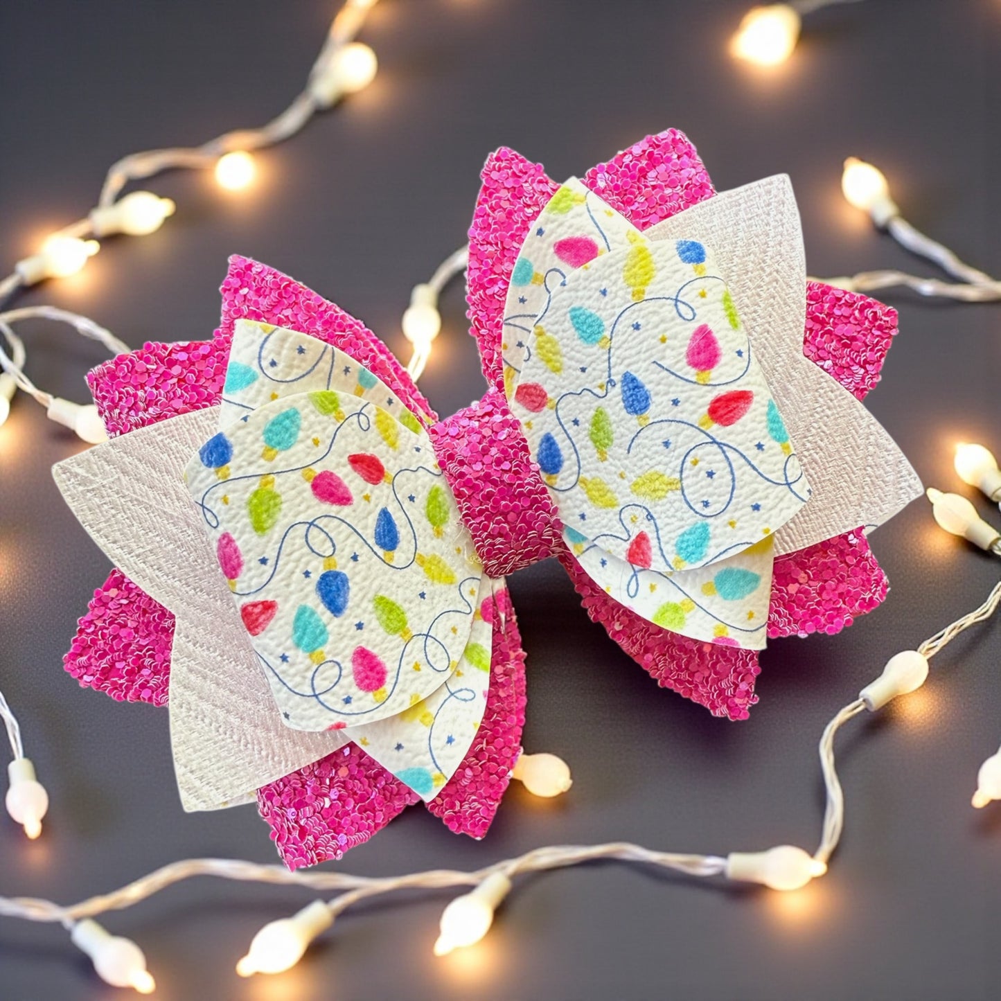 Christmas Lights Camellia Pink Glitter Bow