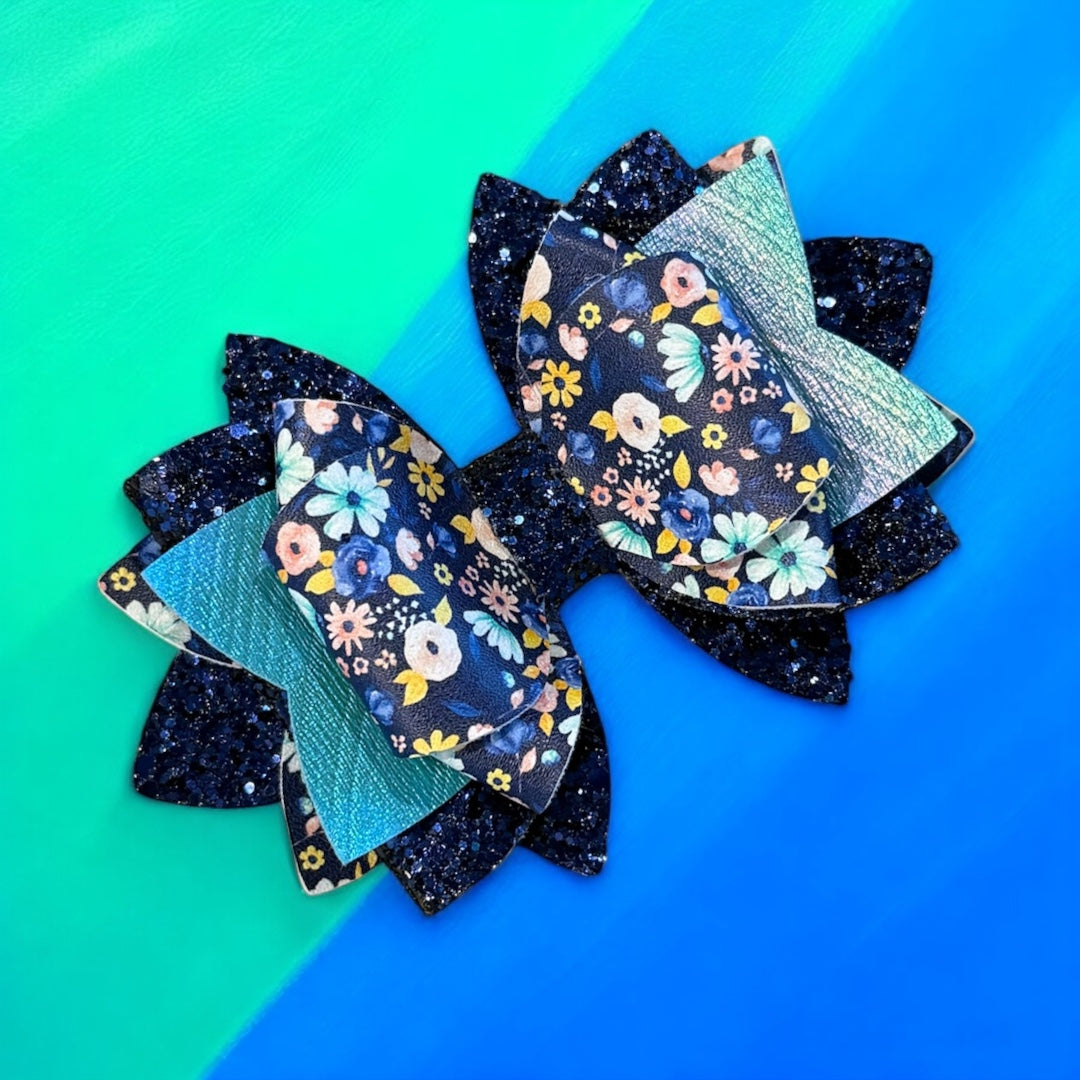 Navy Blue Ditzy Flowers Bow