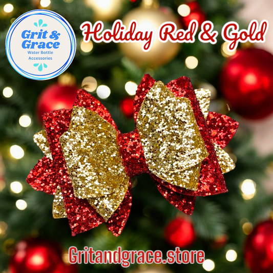 Holiday Gold & Red Solid Glitter Bow