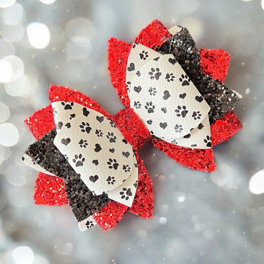 Red Glitter Paws & Heart Bow