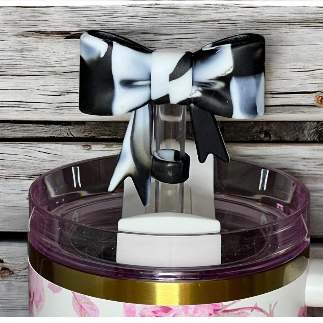 Black & White Swirl Bow Straw Topper