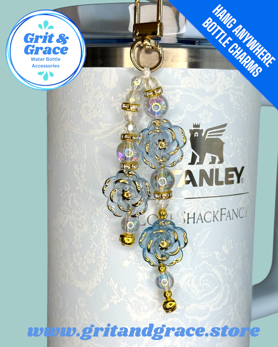 Hang Anywhere Blue Flower Beaded Bottle Charm