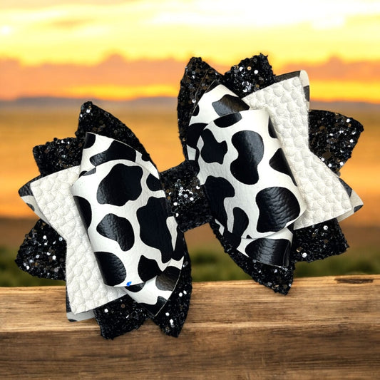 Cow Black Glitter Bow