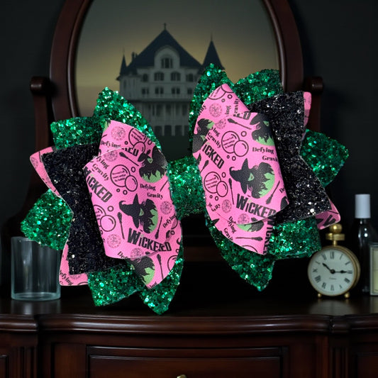 Wicked Green Glitter & Pink Print Bow