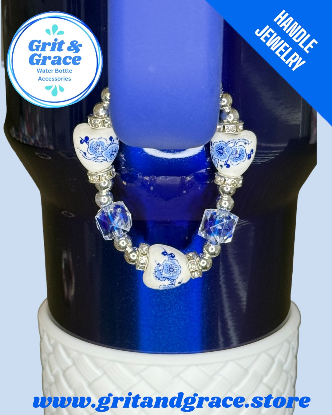 Tumbler Handle Jewelry - Blue & White Heart